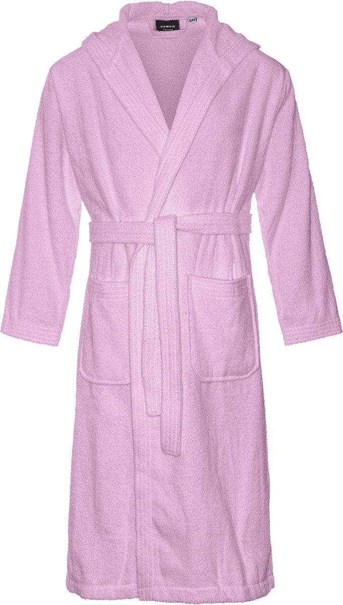 Badstof badjas met capuchon – lang model – unisex – badjas dames – badjas heren – sauna – roze - S/M