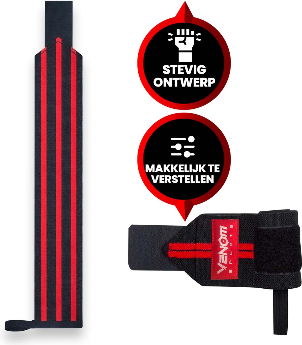 Venom Sports lifting straps – wrist wraps voor extra stevigheid – polsband voor krachttraining – polsbrace voor fitness & crossfit – zwart – 1 paar