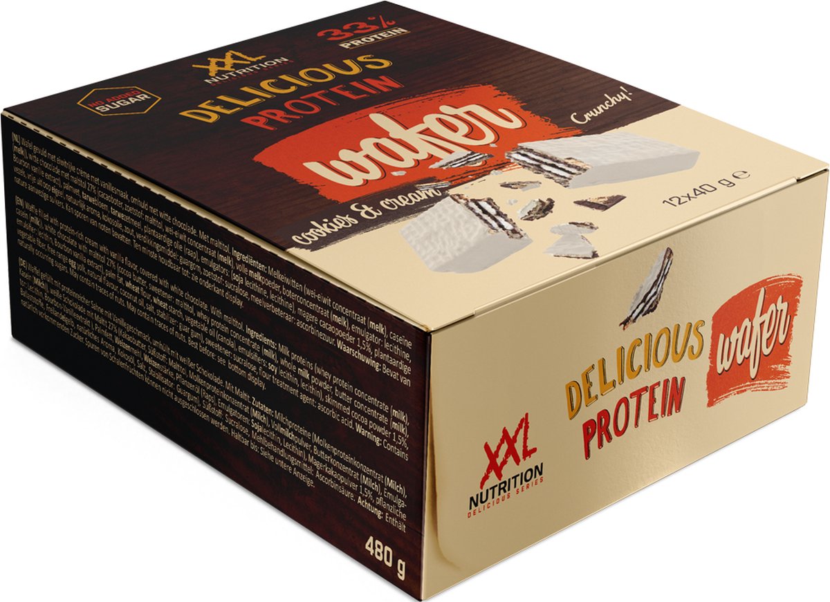 Goedkoopste XXL Nutrition - Delicious Protein Wafer - Proteďne Wafelmix, Eiwit Snacks - Cookies & Cream - 12 pack