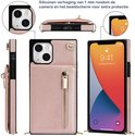 Roze goudkleurig telefoonhoesje met portemonnee-functie. Toont het hoesje van verschillende kanten, met de portemonnee open en gesloten.