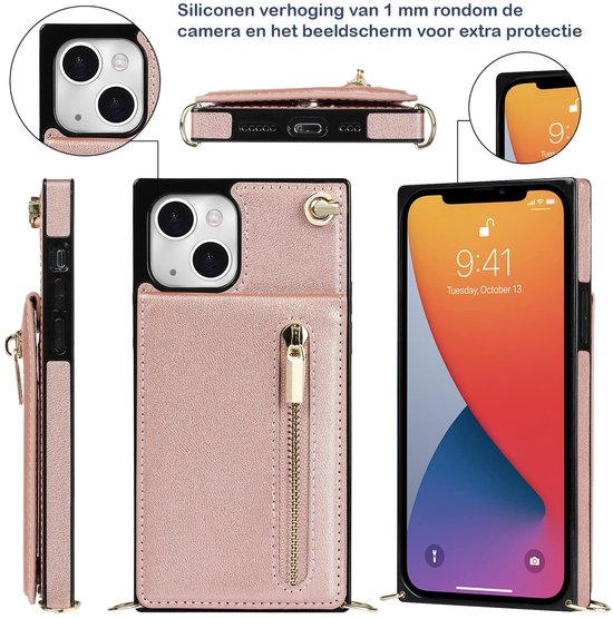 Roze goudkleurig telefoonhoesje met portemonnee-functie. Toont het hoesje van verschillende kanten, met de portemonnee open en gesloten.