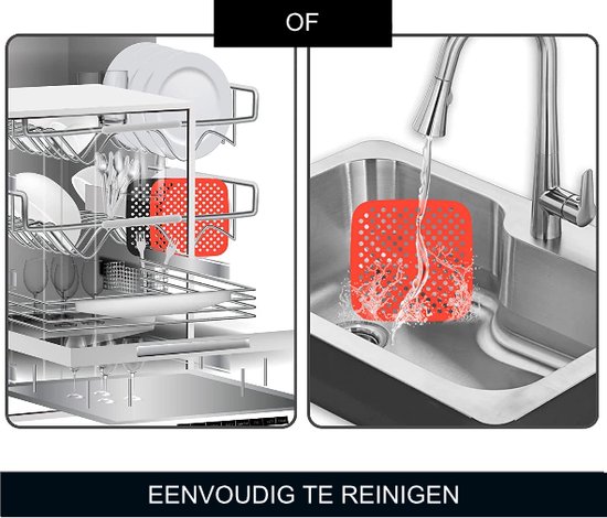 Rode en zwarte siliconen airfryer pads in een vaatwasser en onder een kraan, ter illustratie van reiniging.