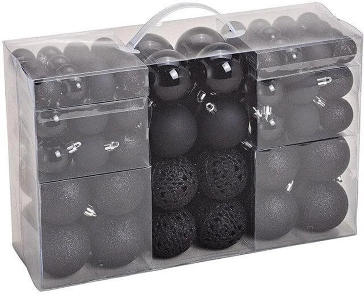 G. Wurm Kerstballen - zwart - 100x ST - 3-4-6 cm - kunststof - mix - glans/mat/glitter