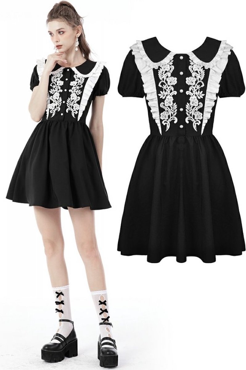 Dark in Love Korte jurk -L- Gothic embroidered contrast Zwart