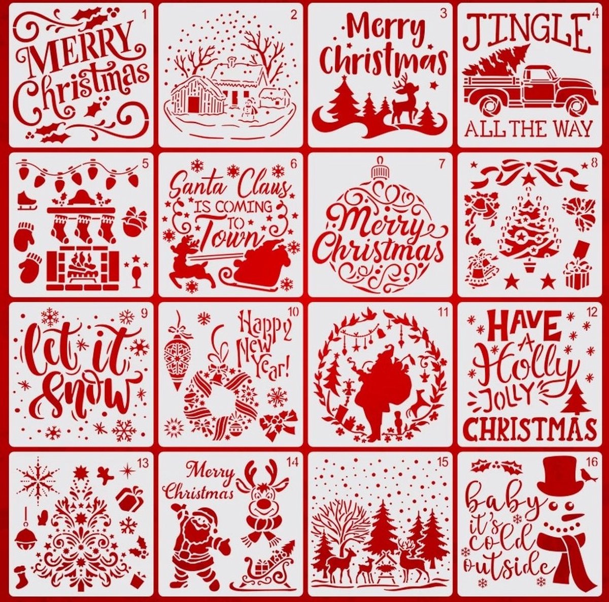 Bullet Journal Plastic Stencils - 16 stuks - Templates - Kerst - Christmas - Jingle Bells - Let it snow - Happy New Year - Santa is coming to town - Haard - Sneeuwpop - Kerstboom - Sneeuw - Sjablonen - 15 x 15 cm - Handlettering toolkit - Knutselen