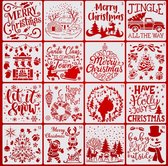 Bullet Journal Flexibele Plastic Stencils - 16 stuks - Templates - Kerst - Christmas - Jingle Bells - Let it snow - Happy New Year - Santa coming to town - Haard - Sneeuwpop - Kerstboom - Sneeuw - Sjablonen - 15 x 15 cm - Handlettering toolkit