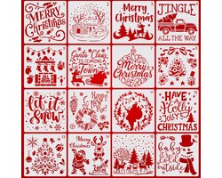 Bullet Journal Flexibele Plastic Stencils - 16 stuks - Templates - Kerst - Christmas - Jingle Bells - Let it snow - Happy New Year - Santa coming to town - Haard - Sneeuwpop - Kerstboom - Sneeuw - Sjablonen - 15 x 15 cm - Handlettering toolkit