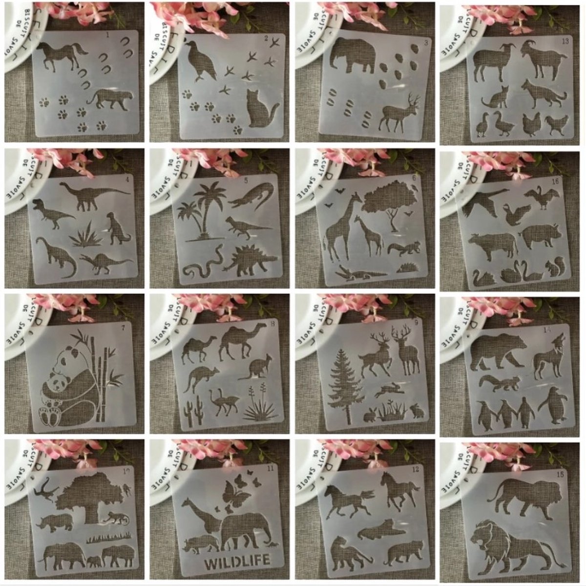 Bullet Journal Plastic Stencils - 16 stuks - Templates - Dieren - Mix - Sjablonen - 15 x 15 cm - Handlettering toolkit - Knutselen - Decoratie - Accessoires - Dino - Paard - Kat - Leeuw - Panda - Giraffe - Olifant - Kangaroe - Kameel - Aligator