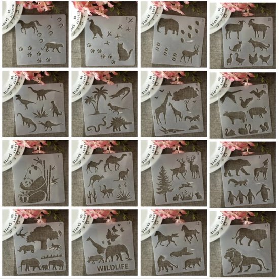 Bullet Journal Flexibele Plastic Stencils - 16 stuks - Templates - Dieren - Mix - Sjablonen - 15 x 15 cm - Handlettering toolkit - Knutselen - Decoratie - Dino - Paard - Kat - Leeuw - Panda - Giraffe - Olifant - Kangaroe - Kameel - Aligator - Merkloos