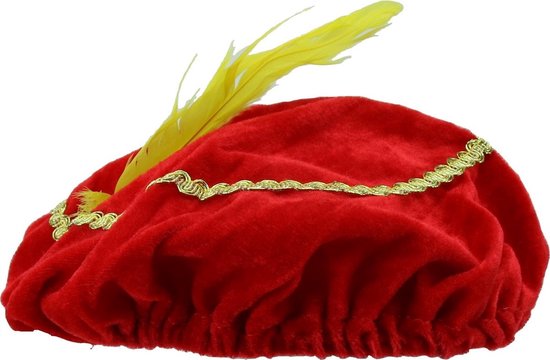 Pietenmuts met veer kinderen – baret rood met gele veer – velours kwaliteit – one size – sinterklaas en piet verkleedaccessoire