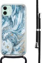 Casimoda® - iPhone 11 hoesje met koord - Marble Sea - Afneembaar koord - Siliconen/TPU - Blauw