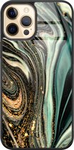 iPhone 12 (Pro) verre - Marbre vert kaki - Vert - TPU - Marbre - Coque arrière rigide noir