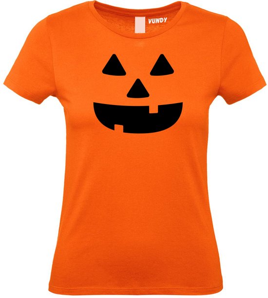 Oranje dames T-shirt met een zwart Halloween pompoengezicht en Vundy-logo in de nek.