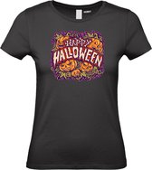 Dames T-shirt Happy Halloween pompoen | Halloween kostuum kind dames heren | verkleedkleren meisje jongen | Zwart | maat M