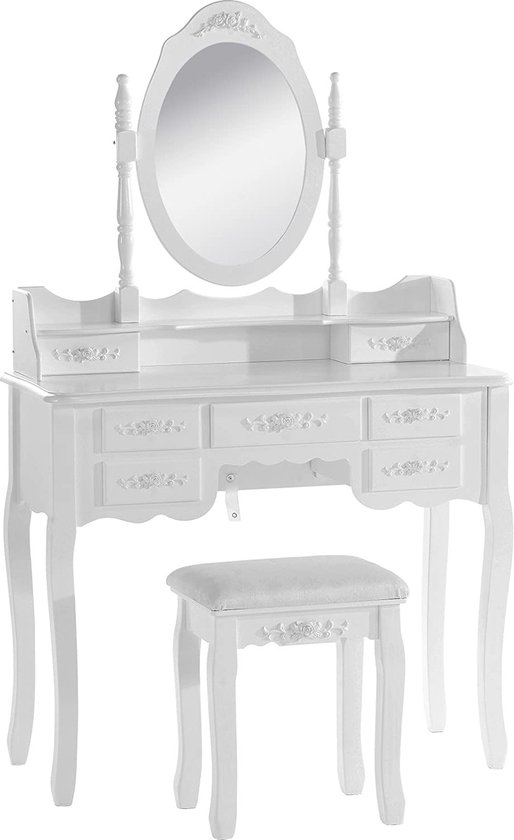 Furnibella - Make-up tafel kaptafel 90x144,5x40cm met 7 lades et 1 spiegel,Cosmetische tafel stijl Barok in MDF,Wit