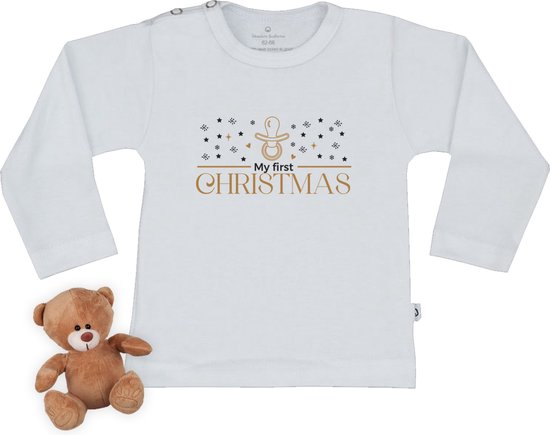 Baby t shirt met tekst print  "Mijn eerste Kerstmis" - Wit - Lange mouw - maat 62