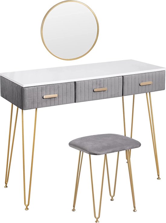 Furnibella - Make-uptafel met kruk en spiegel, kaptafel met schuifladen, groot tafelblad van 100 x 40 cm, moderne make-uptafel voor slaapkamer, grijs MB6080gr