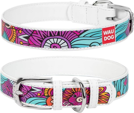 WAUDOG Summer Halsband / Hondenhalsband - Echt Leder - Wit - Full Colour Print - Breedte: 25 mm - Nekomtrek: 38 - 49 cm (GELIEVE ALVORENS BESTELLEN OPMETEN)