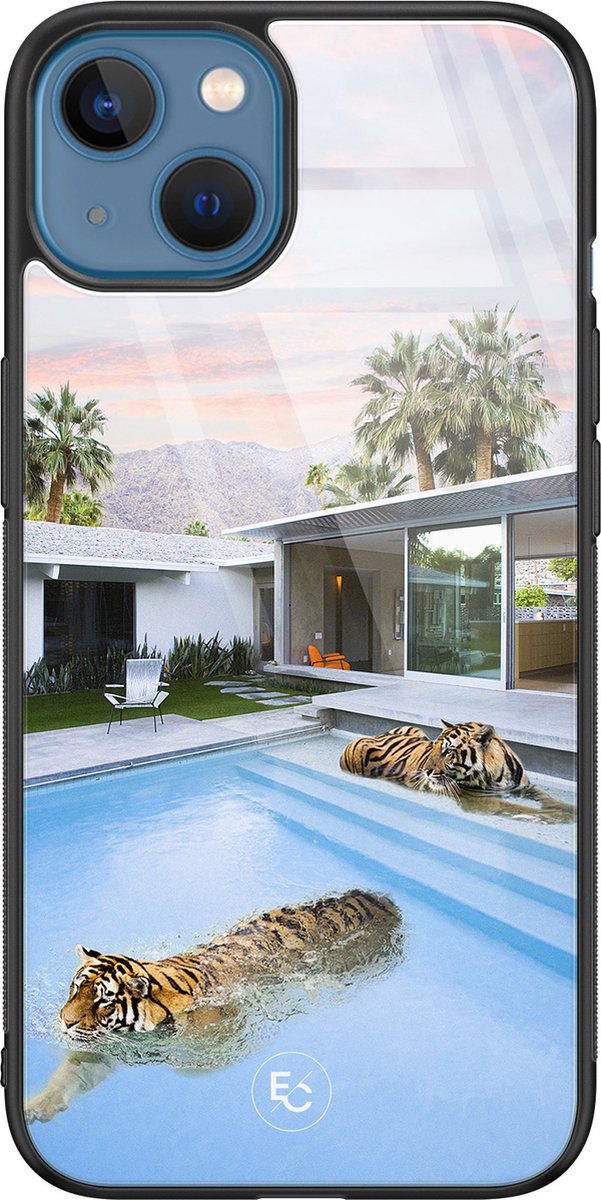 Hoesje geschikt voor iPhone 13 - Tijger zwembad - Luxe Hard Case - Print - Blauw - ELLECHIQ