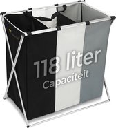 Happy Life Wasmand 3 Vakken - Stevige grote wassorteerder - 118 L - Opvouwbaar – Laundry Basket - Zwart Wit Grijs - Aluminium - Polyester