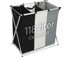 Wasmand 3 Vakken – Wassorteerder 118 L – Opvouwbaar – Aluminium Frame – Zwart/Grijs/Wit