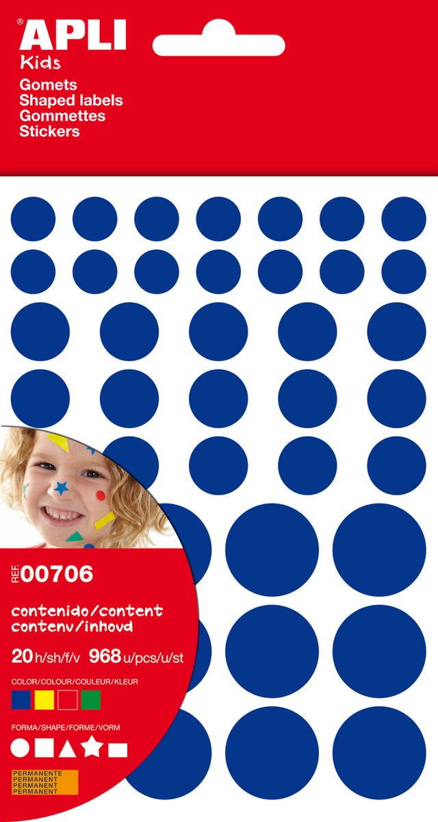 Apli Kids Gekleurde Stickers - 5 vormen - Blauw | Geel | Rood | Groen