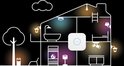 Schema van een huis met Philips Hue lampen in diverse kamers en buiten, verbonden met de Hue Bridge.