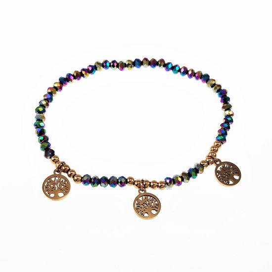 Elastische Armband Dames - Multicolor Facet Geslepen Glaskralen - RVS Goud Kleur - Levensboom