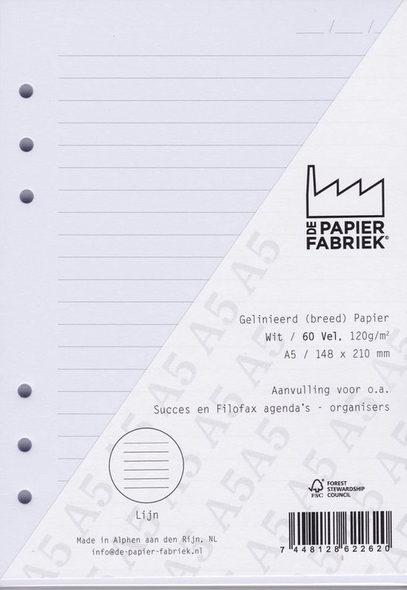 Aanvulling A5 geschikt voor o.a. Filofax, Succes Losbladige Planners 60 Vel, 120g/m² Gelinieerd Wit Papier