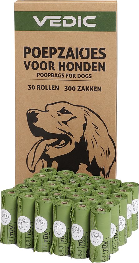 VEDIC® - Hondenpoepzakjes - 100% Composteerbaar - Biologisch afbreekbaar - 300 stuks - Extra sterk - 23 x 33cm