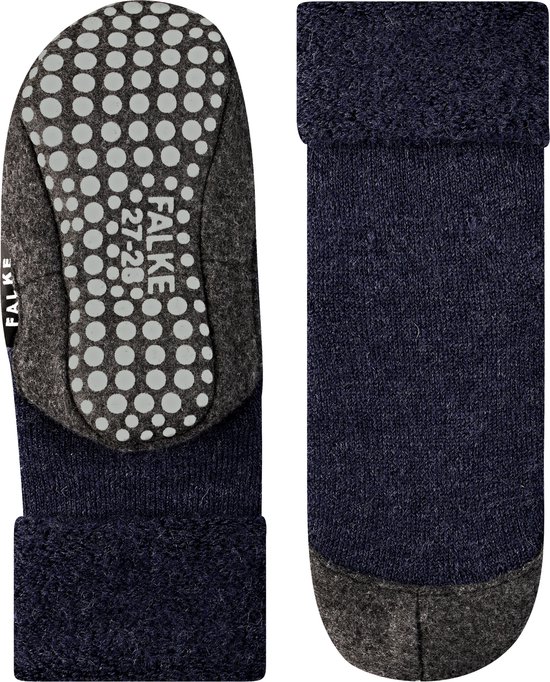 Binnenzijde en buitenzijde van blauwe Falke pantoffelsokken met grijze vilten zool.