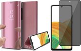 Hoesje geschikt voor Samsung Galaxy A33 - Book Case Spiegel Wallet Cover Hoes Roségoud - Tempered Glass Privacy Screenprotector