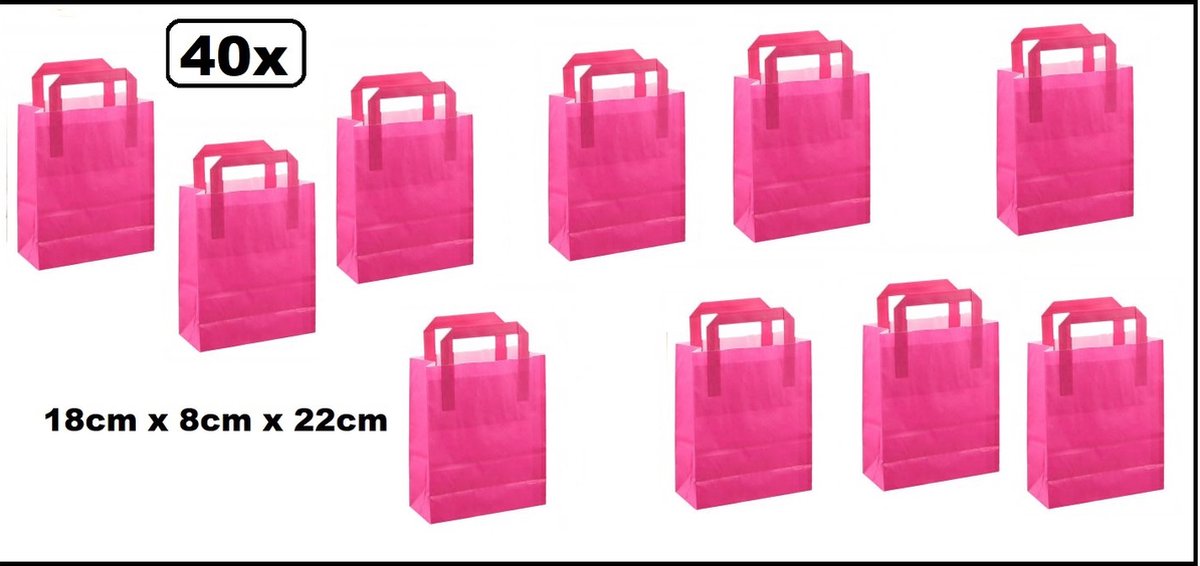 40x Tas platte handgreep papier fuchsia 18cmx8cmx22cm - goodiebag|papieren|draagtas|tas|koord|festival|kado|themafeest|party|geschenken
