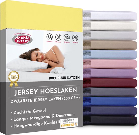 Double Jersey Hoeslaken - Hoeslaken 200x200+30 cm - 100% Katoen Geel | bol