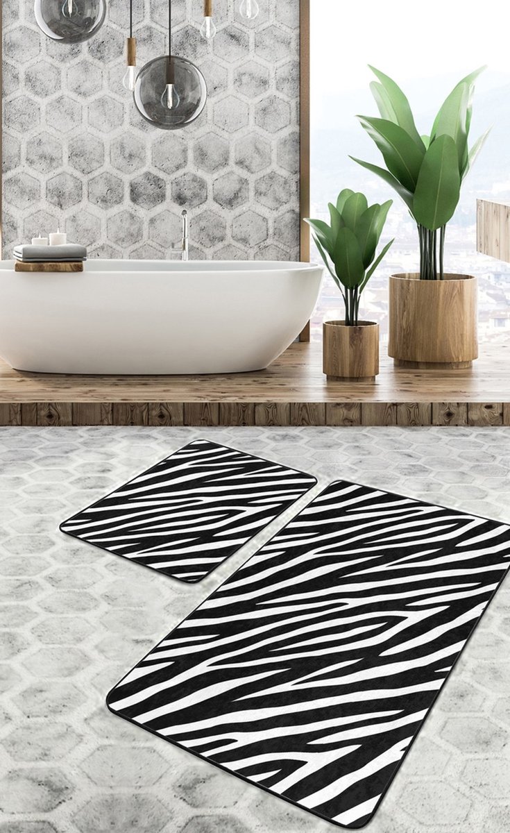 Badmat antislip 2 stuk set - 60x100 & 50x60 - Wc mat - Toiletmat - Zwart & Wit Zebra - Deurmat - De Groen Home