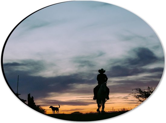 WallClassics - Dibond Ovaal - Silhouette van een Cowboy bij Zonsondergang - 28x21 cm Foto op Ovaal (Met Ophangsysteem)