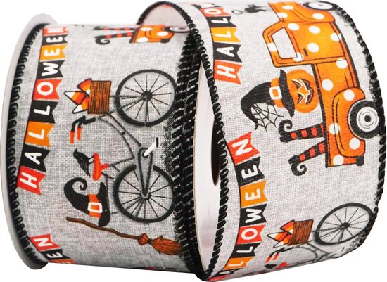 Foto: Halloween lint met ijzerdraad jute burlap satijn linnen look halloweenlint luxe weefband 63mm 6 3cm happy halloween spook pompoen fiets halloweenlint grijs zwart wit oranje decoratielint stoffen lint cadeaulint lengte 3 meter