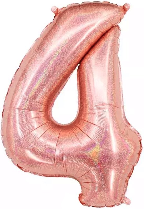 Ballon Cijfer 4 Jaar Rose Goud Helium Ballonnen Verjaardag Versiering Feest versiering Met Rietje Glitter - 86Cm
