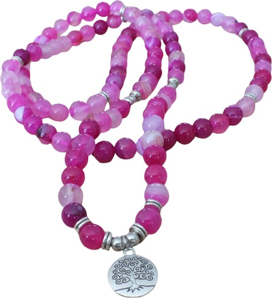 108 Mala Collier Gemme Agate Rose avec Arbre de Vie | Sparkolia | Bracelet Violet | Collier de perles de chapelet