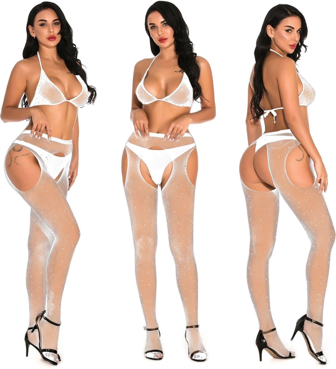 Goedkoopste Witte BH set glitter met visnet - One Size