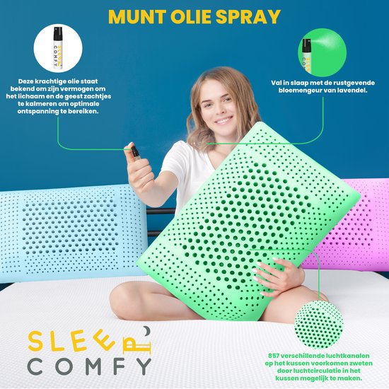 Vrouw spuit met muntolie spray op een groen ergonomisch kussen. Drie kussens in pastelkleuren op de achtergrond.