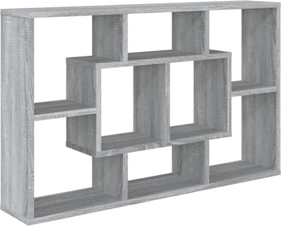 Grijs eikenkleurig wandschap met 8 open vakken in een geometrisch patroon.