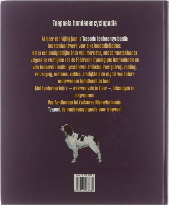 Boekomslag van Toepoels hondenencyclopedie met tekst en een staande hond.