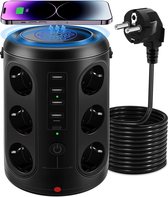 Intelectro Plug Tower - Solution de charge tout-en-un - 12 Prises électriques - 4 ports USB et 1 port USB C - Recharge sans fil - 2 Interrupteurs marche/arrêt - Design compact - Voyants lumineux - Zwart - Livraison plus rapide qu'indiqué !