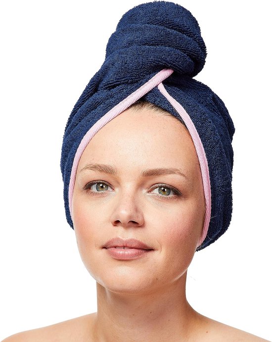 Turban pour cheveux en coton 100% biologique, serviette turban avec nœud, femme et homme, bleu marine/rose