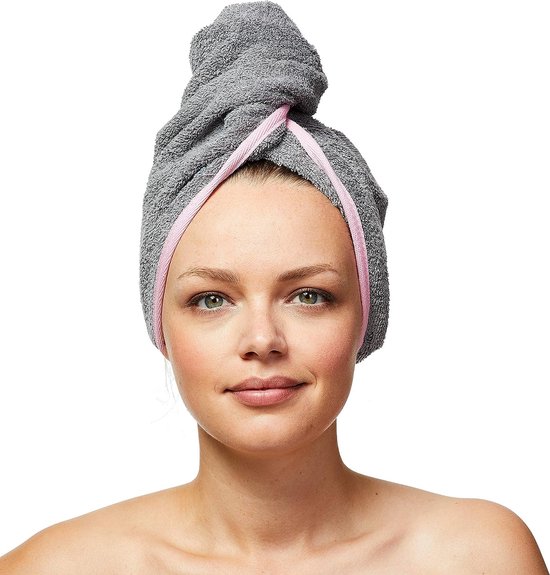 Turban pour cheveux en coton 100% biologique, serviette turban avec nœud, femme et homme, gris/rose