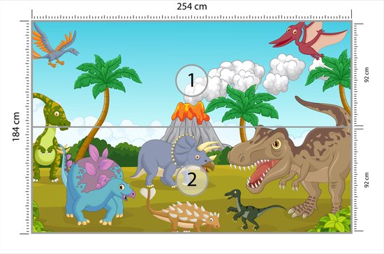 Fotobehang Kleurrijke Dinosaurussen En Vulkaan