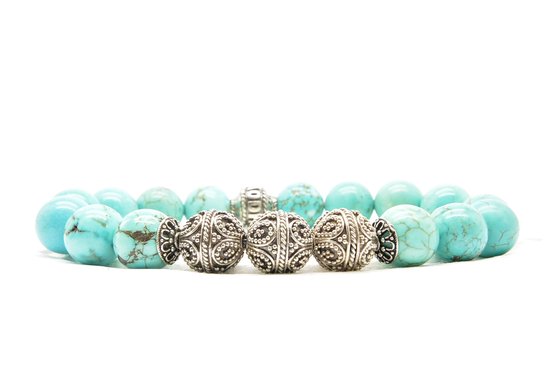 Beaddhism - Bracelet - Grosse Turquoise Triple Cachemire 3 Caps Jing - Argent - 10 mm - 22 cm