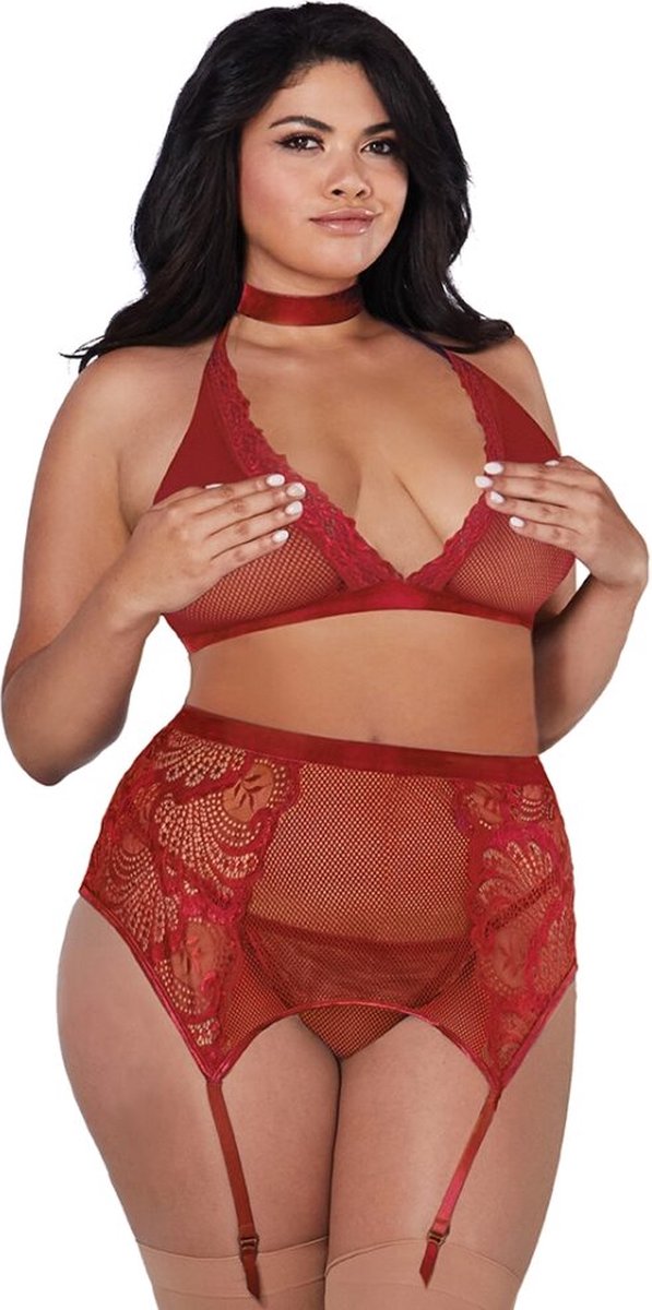 Goedkoopste Dreamgirl (All) Visnet & Kant 4-Delige Set - Plus Size red Queen Size