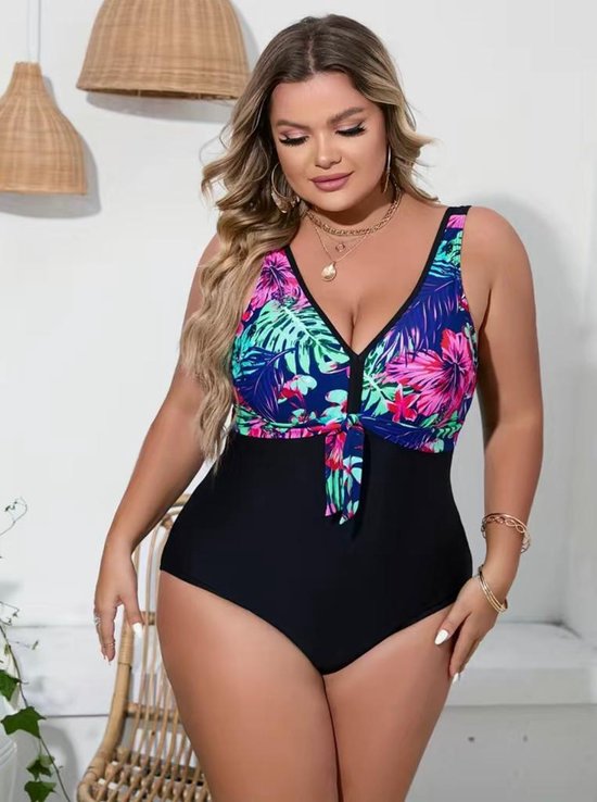 Badpak- Casual zwempak- Dames Plus size kleurblok swimsuit- V hals tropishe print zwemkleding&bikini strandkleding 252- Zwart tropishe kleur- Maat 4XL